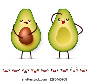 Two halve happy avocado with cute Kawaii faces. Collection of emoticon emoji. Cartoon avocado kawaii character isolated on white background. Vector