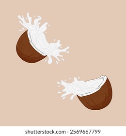 Two halved coconuts are shown with coconut water splashing out against soft background. The design highlights the freshness and natural appeal of coconuts. Isolated vector illustration.