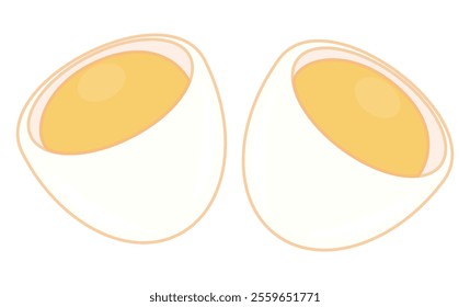 Two halved eggs with yellow yolks sit side by side.