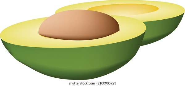 Two halves of an avocado with a bone, side view