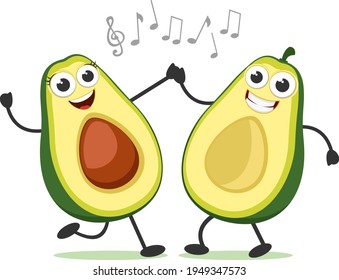 Two halves of an avocado boy and a girl dance to the music on a white background. Characters