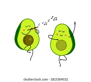 Two halves of an avocado dance to music on a white background. Cartoon. Vector illustration.