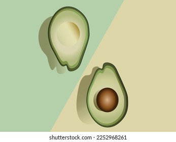 The two halves of an avocado on a colored background
