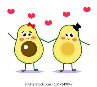 Two halves of an avocado together on a white background. Cartoon. Vector illustration.