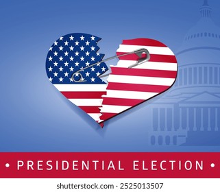 Two halves of a broken heart in the figure of the US flag,held together by a silver pin.The broken heart symbolizes the current election campaign in the US.The inscription is presidential elections. 