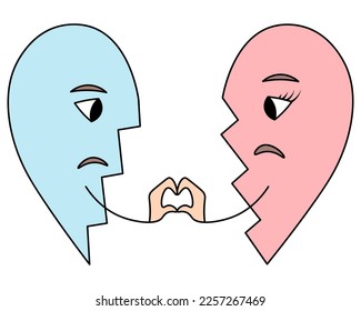 Two halves broken heart  Male   female  The hands are folded in the shape heart  Color vector illustration  Isolated background  Cartoon style  Broken love  Valentine's day  