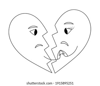 Dos mitades de un corazón roto. Esbozo. Una grieta en medio de un símbolo de amor. Ilustración vectorial. Fondo blanco aislado. Libro de Colores para niños. Día de San Valentín. Salven el amor. Tristeza en los ojos