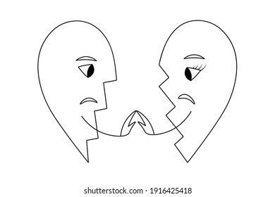 Two halves of a broken heart. Sketch. A crack in the middle of a love symbol. Vector illustration. Isolated white background. Coloring book for children. Valentines Day. Broken love. Touch with hands.