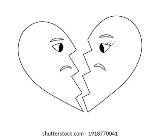 Dos mitades de un corazón roto. Esbozo. Una grieta en medio de un símbolo de amor. Ilustración vectorial. Fondo blanco aislado. 