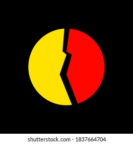 Two halves of a circle in red and yellow on a black background. Cracked circle. Fault. Background image. Red and yellow on a black background. Template for text. Poster. Colored emblem.