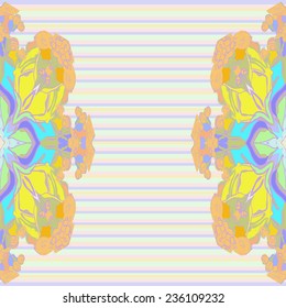 Two halves  of circular of floral motif  on a colored  horizontal striped background. Handmade.