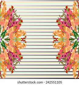 Two halves of circular floral motif with colored gladioli on a striped gradient  background. Hand drawn.