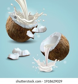 Two halves of a coconut, from which milk splashes. Highly realistic illustration.