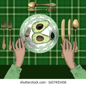 Two halves of fresh avocado on a plate. Female hands with a knife and fork at the served table. Woman has lunch in a restaurant. Vintage engraving stylized as drawing. Vector illustration