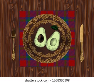 Two halves of fresh avocado on a plate.  Vintage engraving stylized as drawing. Vector illustration