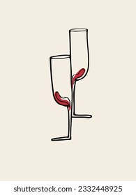 Two halves of a glass of wine. Wine glass vector lines.