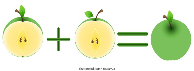 Two halves of a green apple in the form of the equation and equal to the whole