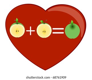 Two halves of a green apple in the form of the equation and equal to the whole on heart