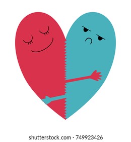 two halves heart is cuddling each other as heart  one is happy pink   another one is unhappy blue  opposite   funny concept  vector illustration 