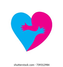 Two halves of a heart hugging each other. Vector illustration on National Hugging Day and Valentine's day.