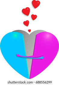 Two halves of the heart are hugging; vector illustration