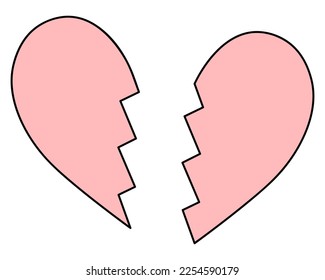 Two halves heart  The pink symbol love is split into two halves  Color vector illustration  Isolated background  Cartoon style  Valentine's day  Broken love  Heartache  