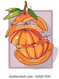 two halves of juicy Mandarin are separate from the peel