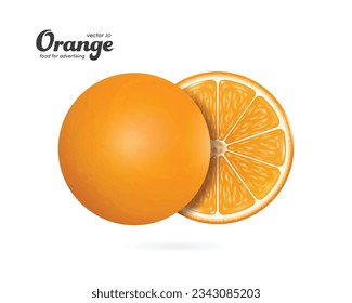 Two halves of an orange face each other and are arranged diagonally to reveal the orange flesh inside, vector 3d isolated on white background for juice advertising design, food and drink design