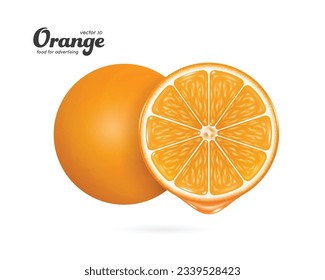 Two halves of an orange placed side by side with fleshy part facing forward, and orange juice flowing out and dripping down at bottom, vector 3d isolated on white background for food and drink design