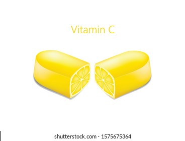 two halves of a pill with an lemon in a cut, vitamin c concept, horizontal vector illustration isolated on a white background