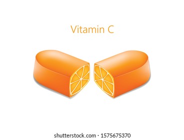 two halves of a pill with an orange in a cut, vitamin c concept, horizontal vector illustration isolated on a white background