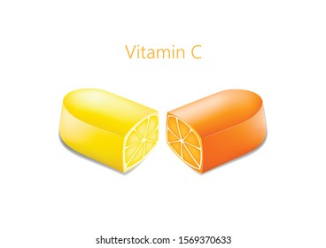 two halves of a pill with an orange and lemon in a cut, vitamin c concept, horizontal vector illustration isolated on a white background
