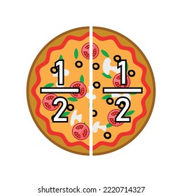 Two halves pizza fractions. Fraction for kids. Pizza slices. Fraction fun with pizza. vector illustration isolated on white background.