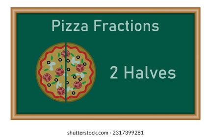 Two halves pizza fractions. Fraction for kids. Pizza slices. Fraction fun with pizza. Mathematics resources for teachers and students. Vector illustration.