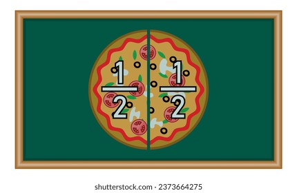 Two halves pizza fractions. Fraction for kids. Pizza slices. Fraction fun with pizza. vector illustration isolated on chalkboard.