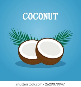 Deux moitiés d'une noix de coco fendue avec des feuilles isolées sur fond bleu dégradé. Illustration vectorielle de design estival.