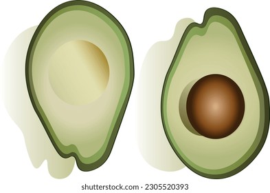 Two halves of a tasty avocado with shadows and no background