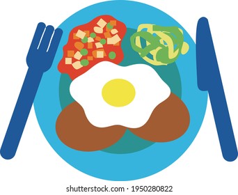 Two hamburg steaks, a fried egg, pasta, and tomato sauce on a light blue plate