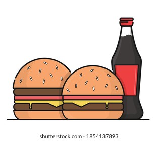 Two hamburgers with a bottle of cola