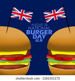 Two hamburgers with a small British national flag and bold text on a dark blue background to celebrate National Burger Day August 25 in United Kingdom