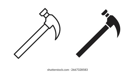 Dos iconos de martillo: una línea de arte, un negro sólido. Aislado sobre fondo blanco, perfecto para proyectos de bricolaje, construcción o herramientas.