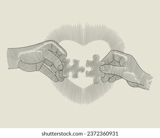 Two hand assembling piece of puzzle together. Business connection concept and relationship, Vintage engraving style illustration