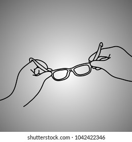 two hand of businessman holding eye glasses vector illustration doodle sketch hand drawn with black lines isolated on gray background.