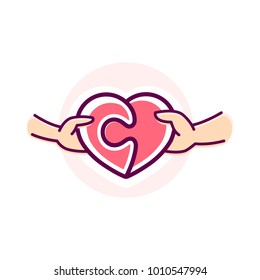 Two hand connect two elements of the heart puzzle vector illustration. Logo heart puzzle. Logo love