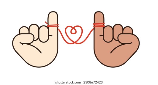 Two hand is connected by a red line with love sign. Isolated Vector Illustration