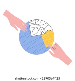 Dos manos conectando el rompecabezas del círculo. Concepto de soluciones empresariales, concepto de estrategia, éxito. Ilustración vectorial de las manos que juntan partes de forma redonda. Dibujo de trabajo en equipo, asociación