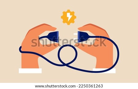 Two hand connecting Electric socket with a plug illustration. Connection and disconnection concept. Concept of 404 error connection. Electric plug and outlet socket unplugged. Wire, cable of energy 