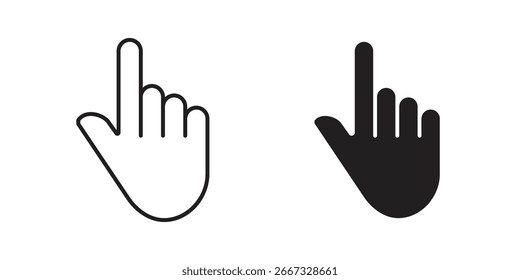 Dois ícones de cursor manuais, um contorno preto e um branco, isolados no fundo branco. Perfeito para design de site ou interface de aplicativo.