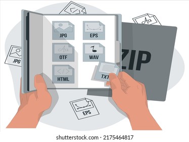 Concepto de archivo de documento con dos manos. Archivo con la ilustración del vector de etiqueta postal. Formato de iconos de tipo de archivo y extensión de documentos de eps jpeg html txt diseño plano ilustración moderna Premium.