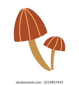 Two hand draw autumn mushroom with strips isolated on a white background.Single vector illustration in doodle flat style. Clipart cozy illustrations for print, wrapping, packaging.Forest food.